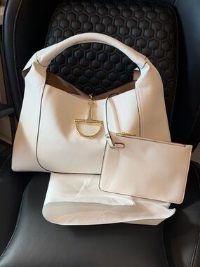 Cream Leather Hobo Bag with Wristlet Pouch